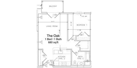 Floor plan for 1 bed, 1 bath, 960 sqft
